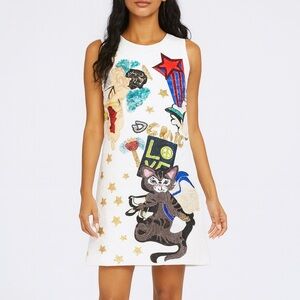 White Brocade Graphic Cat Design Dress